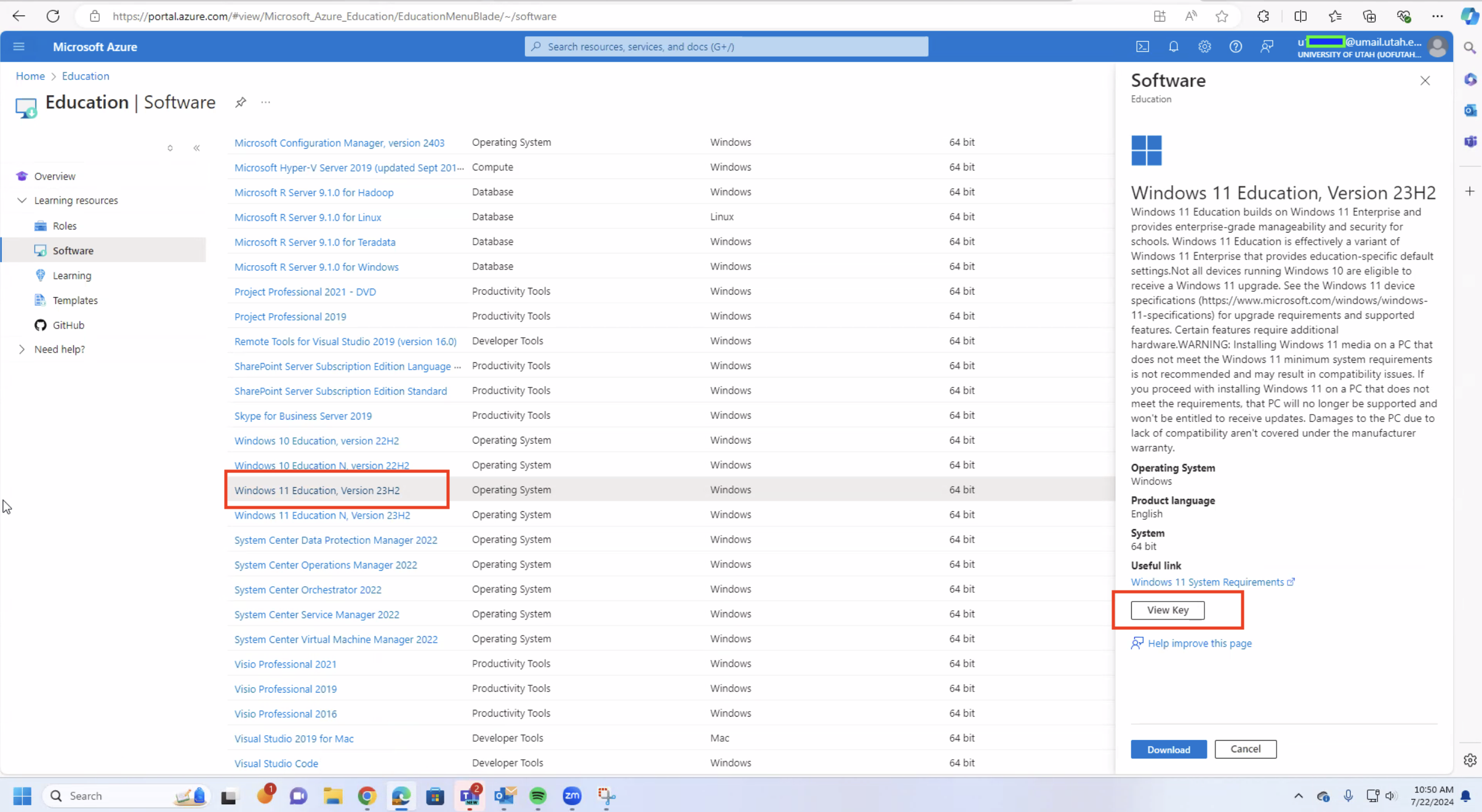 U of U Azure Student License Portal